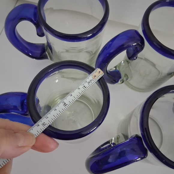 Mexican Hand Blown Blue Rimmed Glass Mugs Set Of 6 - Picture 8 of 8